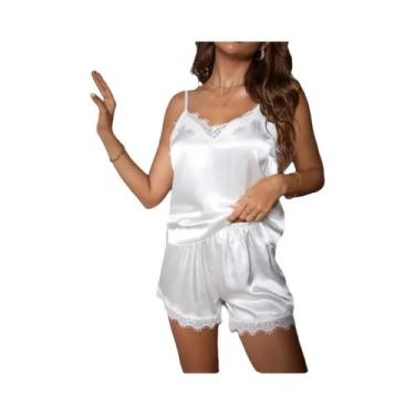 Imagem de Conjunto De Pijama Sexy Branco Em Renda E Seda Para Mulheres, Top Com 