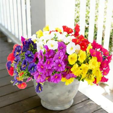 Imagem de BSGlobal 12 pacotes de flores artificiais para decoração ao ar livre, flores de glória da manhã de seda sintética, resistentes a UV, plantas falsas de eucalipto para primavera, verão, jardim, pátio