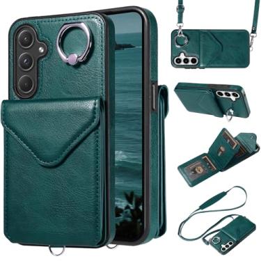 Imagem de Capa para Samsung Galaxy A55, carteira minimalista com suporte de anel e alça de ombro, capa protetora elegante à prova de choque para Galaxy A55 - verde escuro