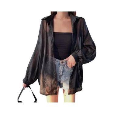 Imagem de Camisa Feminina de Chiffon Manga Comprida - Branca, Transparente e Sol