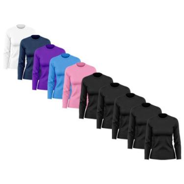 Imagem de Kit 10 Camisetas Feminina Manga Longa Dry Fit Básica Lisa Proteção Sol