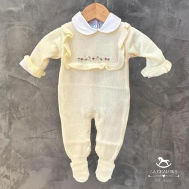Imagem de Saída de Maternidade - Macacão Tricot Amarelo Babados e Flores e Body 