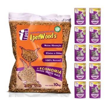Imagem de KIT 10 Sachês Whiskas Frango e Granulado IpetWoods Gato 10Kg - Whiskas