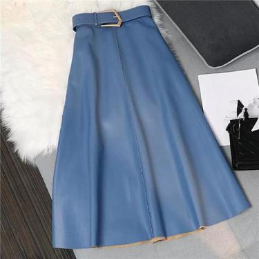 Imagem de Saias Longas Vintage Femininas Em Couro PU, Cintura Alta, A-Line, Eleg