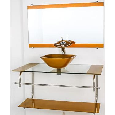 Imagem de GABINETE DE VIDRO PARA BANHEIRO INOX 80CM CUBA QUADRADA CQP DOURADO REAL