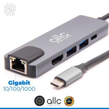 Imagem de Cabo Adaptador Hub USB Tipo C Para Hdmi Usb 3.0 Rede Rj45 Ethernet Gigabit /1000 USB C Type C pd - 5 em 1
