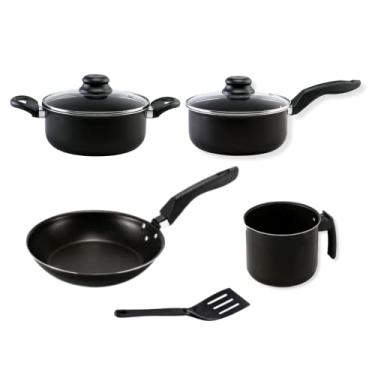 Imagem de Jogo de Panelas Preto Antiaderente Pequeno 5 Peças: Caneco 12cm Panela 16cm Caçarola 18cm Francesa 20cm 1 Espátula 25cm com Tampa de Vidro Não Gruda