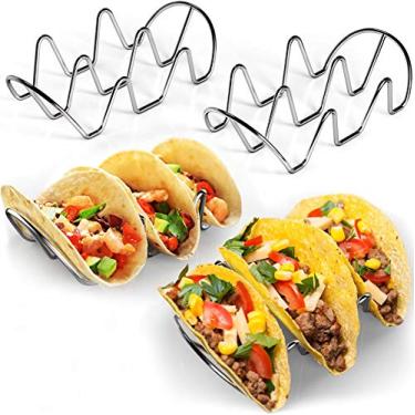 Imagem de WIDBI Suportes de taco premium – Pacote com 4 suportes para tacos de aço inoxidável – Comporta 12 tacos – Cabe na maioria dos pratos e fritadeiras – Seguro para lava-louças e forno – Bandejas