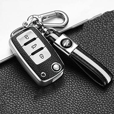 Imagem de YJADHU TPU couro masculino feminino chaveiro capa de chave de carro, apto para Volkswagen VW Jetta Golf Passat Beetle Skoda Seat Polo B5, A, prata, chaveiro