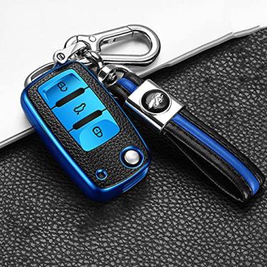 Imagem de YJADHU TPU couro masculino feminino chaveiro capa de chave de carro, apto para Volkswagen VW Jetta Golf Passat Beetle Skoda Seat Polo B5, A, azul, chaveiro