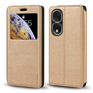 Imagem de Shantime Capa para Huawei Honor 80 Pro 5G, capa de couro de grão de madeira com suporte para cartão e janela, capa flip magnética para Huawei Honor 80 Pro 5G (6,8 polegadas), ouro