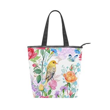 Imagem de Bolsa feminina durável de lona floral rosas borboleta pássaro grande capacidade sacola de compras bolsa de ombro
