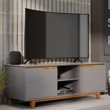 Imagem de Rack Bancada Flow 2 Portas Com Pés de Madeira Maciça Branco/Freijo