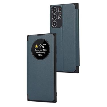 Imagem de DENSUL Capa de couro para Samsung Galaxy S23 Ultra/S23 Plus/S23, capa flip S-View, janela redonda transparente magnética para livro, compartimento para cartão, protetor para carregamento sem fio, azul, S23 Plus