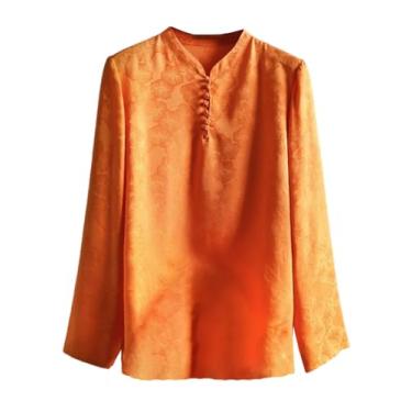 Imagem de HangErFeng Blusa feminina de seda padrão floral jacquard gola falsa manga longa botão de mão laranja retrô top 102, Laranja, M