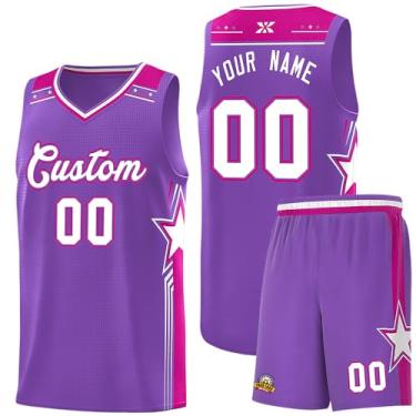 Imagem de Camiseta de basquete personalizada com logotipo de número de nome, regata e shorts estampados personalizados para homens mulheres jovens, 22. Roxo claro/rosa/branco, One Size