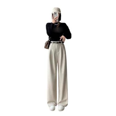 Imagem de Calça feminina casual de inverno cáqui feminina reta cintura alta grossa fina simples calça feminina de perna larga, Cor creme, PP