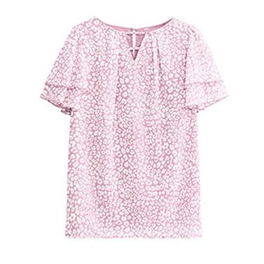 Imagem de Blusas femininas modernas estampadas para sair, plus size, manga curta, blusas fofas de chiffon, camisetas boêmias, túnica de festa, rosa, GG