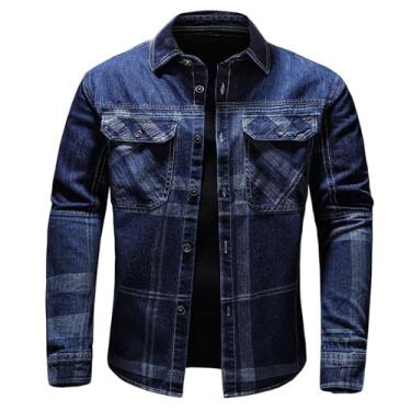 Imagem de Camisa jeans masculina de manga comprida, estampa xadrez, roupa externa, botões frontais, cintura ajustável, Azul, XXG