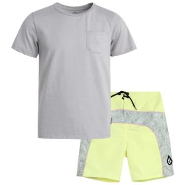 Imagem de Volcom Conjunto de roupa de banho para meninos - camiseta de manga curta e shorts de banho - conjunto de roupa de banho para meninos (2-7), Cinza, 7
