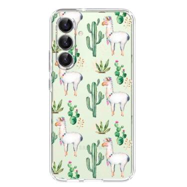 Imagem de Blingy's Capa para Samsung Galaxy S24, design bonito de lhama com padrão de cacto engraçado alpaca desenho animado animal capa transparente macia TPU transparente 6,2 polegadas (Cactus Llama)
