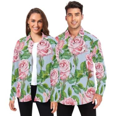 Imagem de Camisa de botão masculina manga longa para mulheres verão com bolsos aquarela rosa rosa flores azul, Aquarela rosa rosa flores azuis, GG