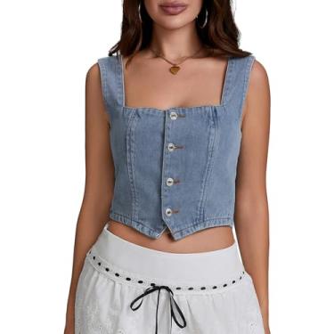 Imagem de Colete jeans feminino fashion sem mangas, gola canoa, abotoado, cropped com botões, regata slim frente única, Azul, Small