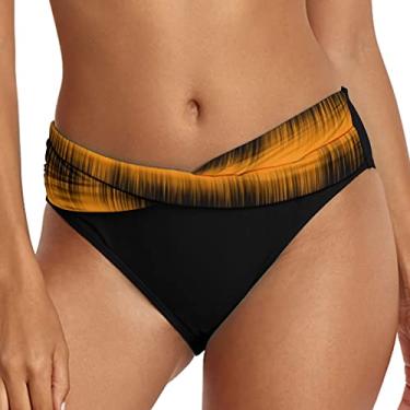 Imagem de Calcinha de biquíni feminina, cintura média, maiô torcido, parte inferior de banho com corte em V, roupa de banho sexy, Amarelo, XXG