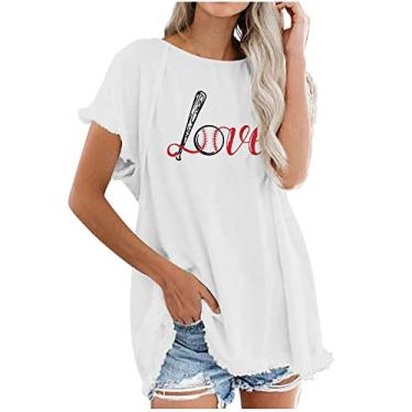 Imagem de Duobla Camiseta de beisebol feminina plus size estampada casual solta túnica camisetas grandes gola redonda 2024 moda primavera, A-1 - Branco, G