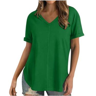 Imagem de MaMiDay Blusa feminina de verão casual moderna manga curta gola V patchwork camiseta túnica ajuste solto blusas laterais fenda, Verde, GG