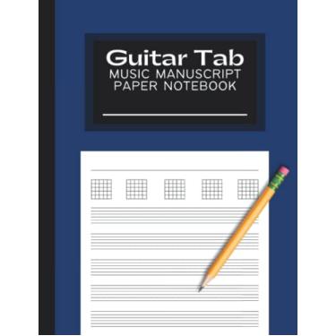 Imagem de Caderno de papel manuscrito musical com aba de guitarra: papel de folha de tablatura de guitarra em branco para guitarrista, músicos | 21,5 x 28 cm. 110 páginas | Azul marinho