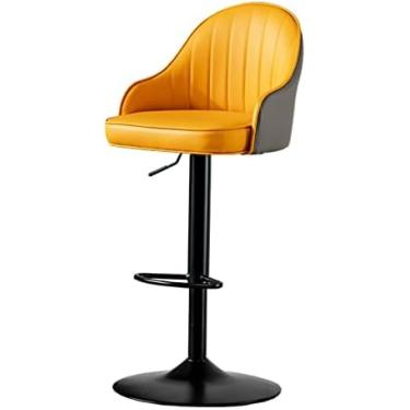 Imagem de Cadeira de bar nórdica Banco de bar ajustável com balcão traseiro em altura giratória com encosto e apoio de braço Cadeira de pub de couro para cozinha, café, jantar, cinza + amarelo