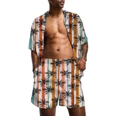 Imagem de KYKU Conjunto masculino de camisa havaiana e short – camisa de verão de manga curta abotoada para férias tropicais, roupas de 2 peças, Listrado multicolorido, M