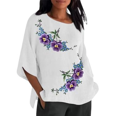 Imagem de Camisetas femininas de conscientização de Alzheimer, roxa, floral, linho, túnica, manga 3/4, gola redonda, Branco, XXG