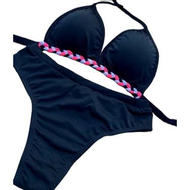 Imagem de Conjunto Biquíni Triângulo Sexy Azul Marinho Detalhe Rosa