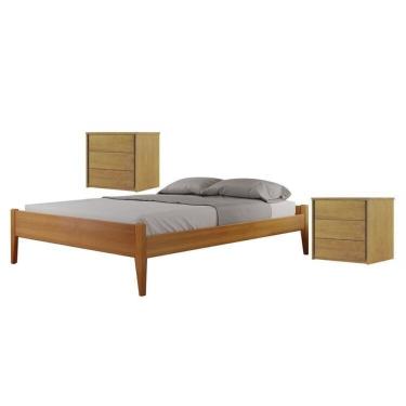 Imagem de Conjunto Quarto de Casal Cama em Madeira Maciça e 2 Mesas de Cabeceira 3 Gavetas Unique Amêndoa Mel