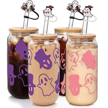 Imagem de ANOTION Copos de café de Halloween – Copos de vidro de Halloween de 510 g com tampas e canudos Decorações de Halloween Copos de café gelado em forma de lata de cerveja jarra de biscoito decoração presente garrafas de água potável