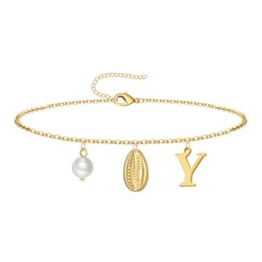 Imagem de QILMILY Tornozeleira feminina banhada a ouro 14 K, impermeável, com inicial, joias de verão, presentes para mulheres e adolescentes, letra Y, 9inch, Sem Pedra Preciosa