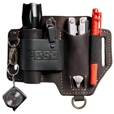 Imagem de FESA Bainha de couro multiferramentas para cinto - bolsa organizadora de couro de grão superior para canivete de bolso tático, lanterna e caneta - com gancho de pressão - bolsa de cinto EDC para uso
