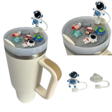 Imagem de Cute Astronaut Spacecraft Universe Charm For Stanley Cup Accessories Copo de 850 g com tampa de palha de silicone e placa de tampa (branco-cinza, 850 g)