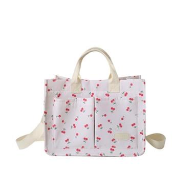 Imagem de Bolsa feminina cereja de lona remendada bolsa de ombro fofa bolsa de ombro com vários bolsos para viagens de trabalho, Branco cereja, One Size