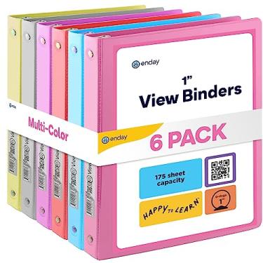 Imagem de Fichário de 3 anéis 2,54 cm, capa transparente com 2 bolsos internos, fichário de anel redondo, materiais escolares coloridos, em cinza, rosa, azul, roxo, verde e vermelho, multicolorido (6 peças) – por Enday