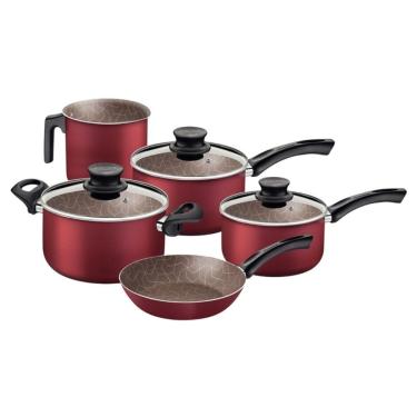 Imagem de Jogo de Panelas Paris 5 Peças em Alumínio com Revestimento Interno e Externo Antiaderente Vermelho Tramontina 28599/701