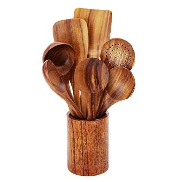Imagem de Conjunto de espátula de madeira colher de madeira para cozinha de teca natural, 8 Pcs