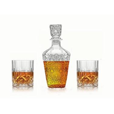 Imagem de Conjunto de decantador de uísque e 2 copos de uísque combinando, jarra de licor elegante com tampa de vidro sólido ornamentada – uísque, licor, uísque, bourbon, gim, rum, tequila, vodka e conhaque