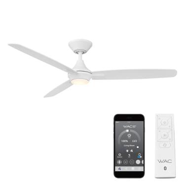 Imagem de Ventoinha de teto WAC Smart Fans Blitzen para ambientes internos e externos de 3 lâminas para casa inteligente 137.2 cm branco fosco com kit de luz LED 3000K e controle remoto funciona com Alexa e iOS