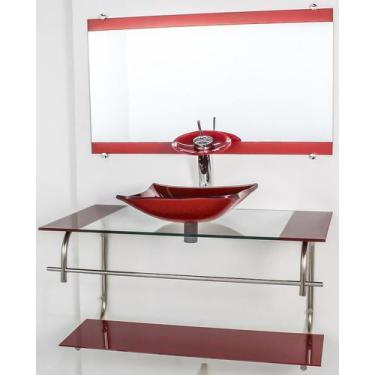 Imagem de Gabinete de vidro para banheiro inox 80cm cuba retangular vermelho cer