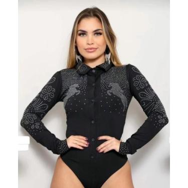 Imagem de Body Feminino Camisa Boiadeira Preto com Pedrarias Manga Longa Balada 