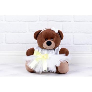 Imagem de Urso de Pelúcia Tedde 12 cm, Daminha Cetim Branco (PELUCIA MARROM - DETALHE - AMARELO)