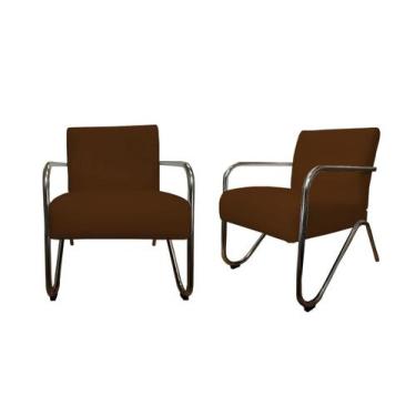 Imagem de Kit 2 Poltronas Decorativa Bela Couro Marrom Braço Cromado Ms Decor - 